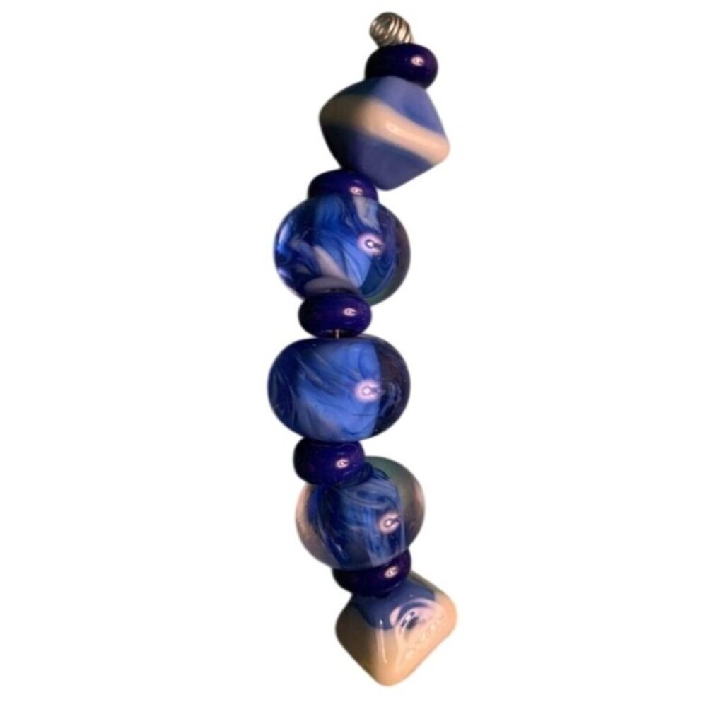 Handmade Blue & Ivory Lampwork Glass Beads - New